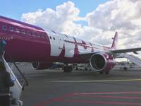 pinkes WOW Air Flugzeug nach Keflavik &ndash; &copy; Tessa Gäbler (Eberhardt TRAVEL)