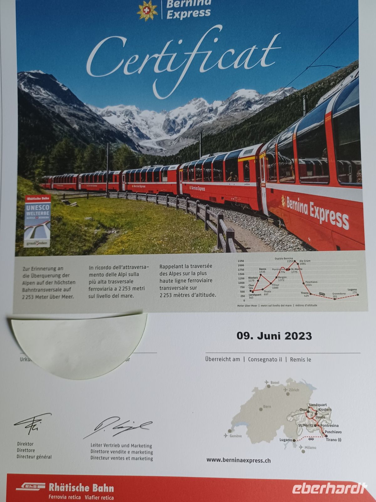 das Teilnehmercertifikat für den Berniner Express &ndash; &copy; Ute Solf (Eberhardt TRAVEL)
