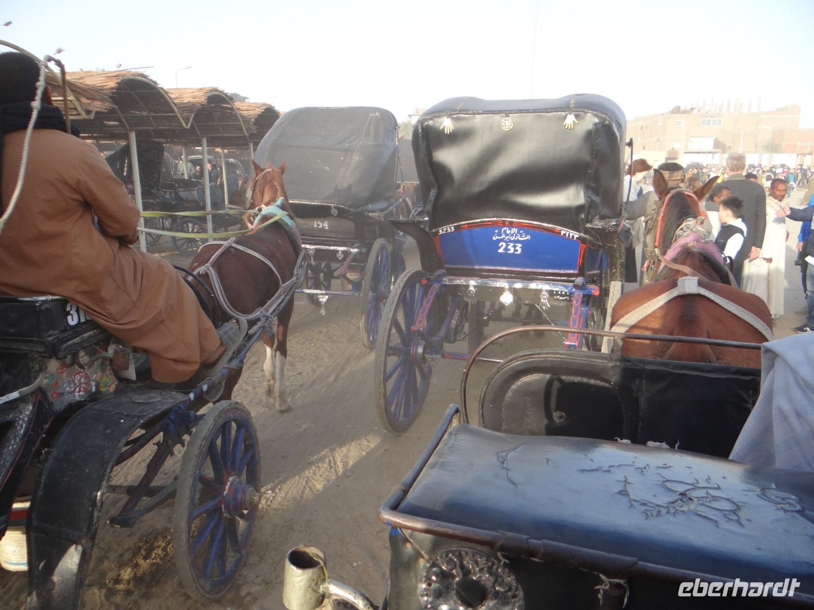 Edfu, hin und zurück mit Kutschen, die die Platzhirsche im Ort sind.
