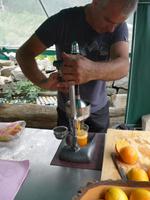Bulgarien, Pirin, frischer Orangensaft vor dem Aufstieg 