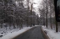 Busfahrt durch den weißen Winterwald