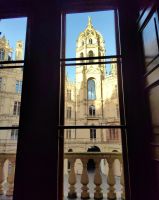 Blick aus den Schloßfenstern auf den Teil, in dem der Mecklenburgische Landtag seinen Sitz hat