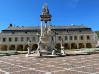 Der Brunnen auf dem Marktplatz mit dem dahinterliegenden Rathaus