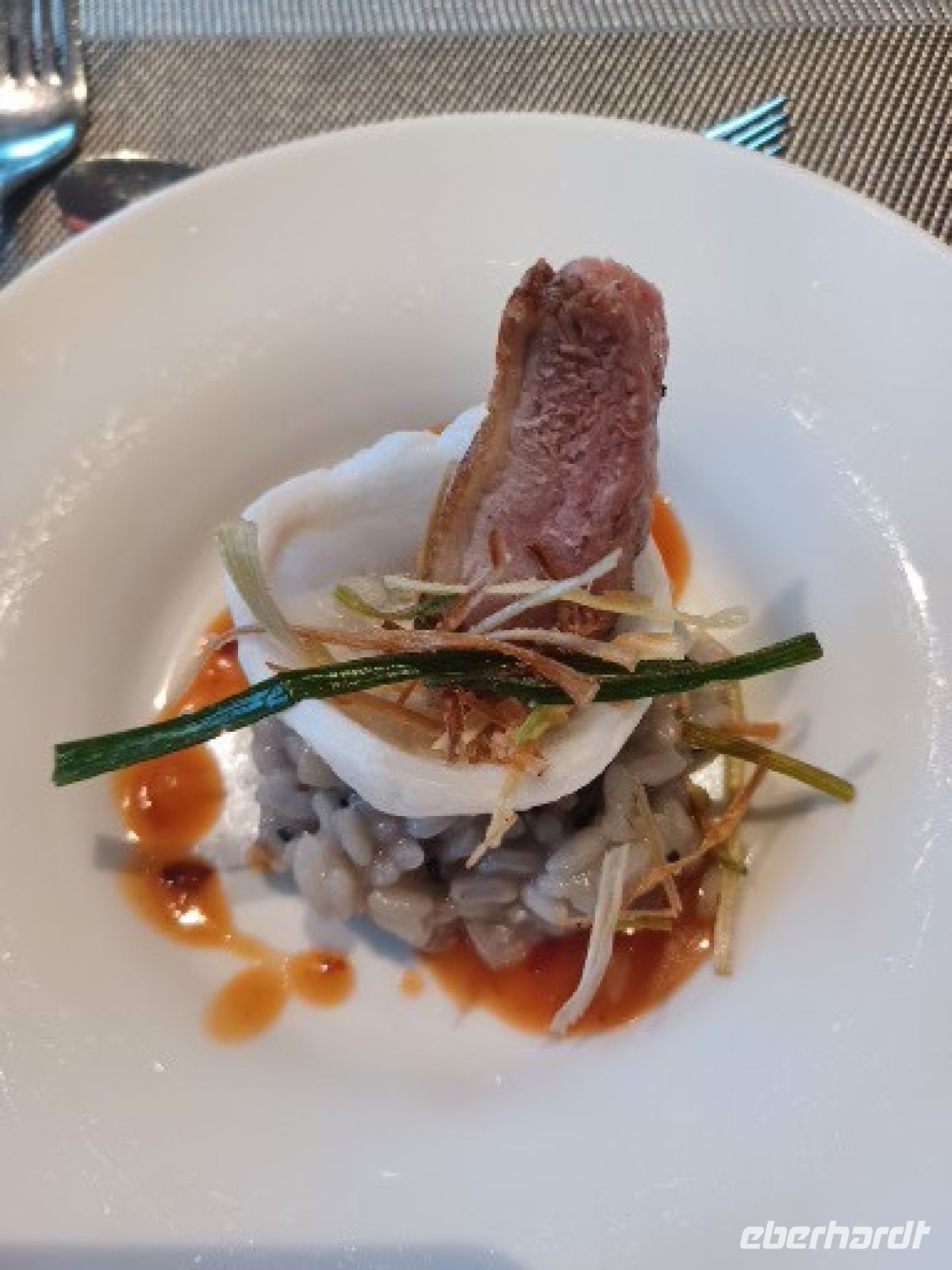 Entenbrust an Gemüsestroh u. Reis