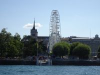 Genf, Blick auf Riesenrad im Englischen Garten und Kathedrale
