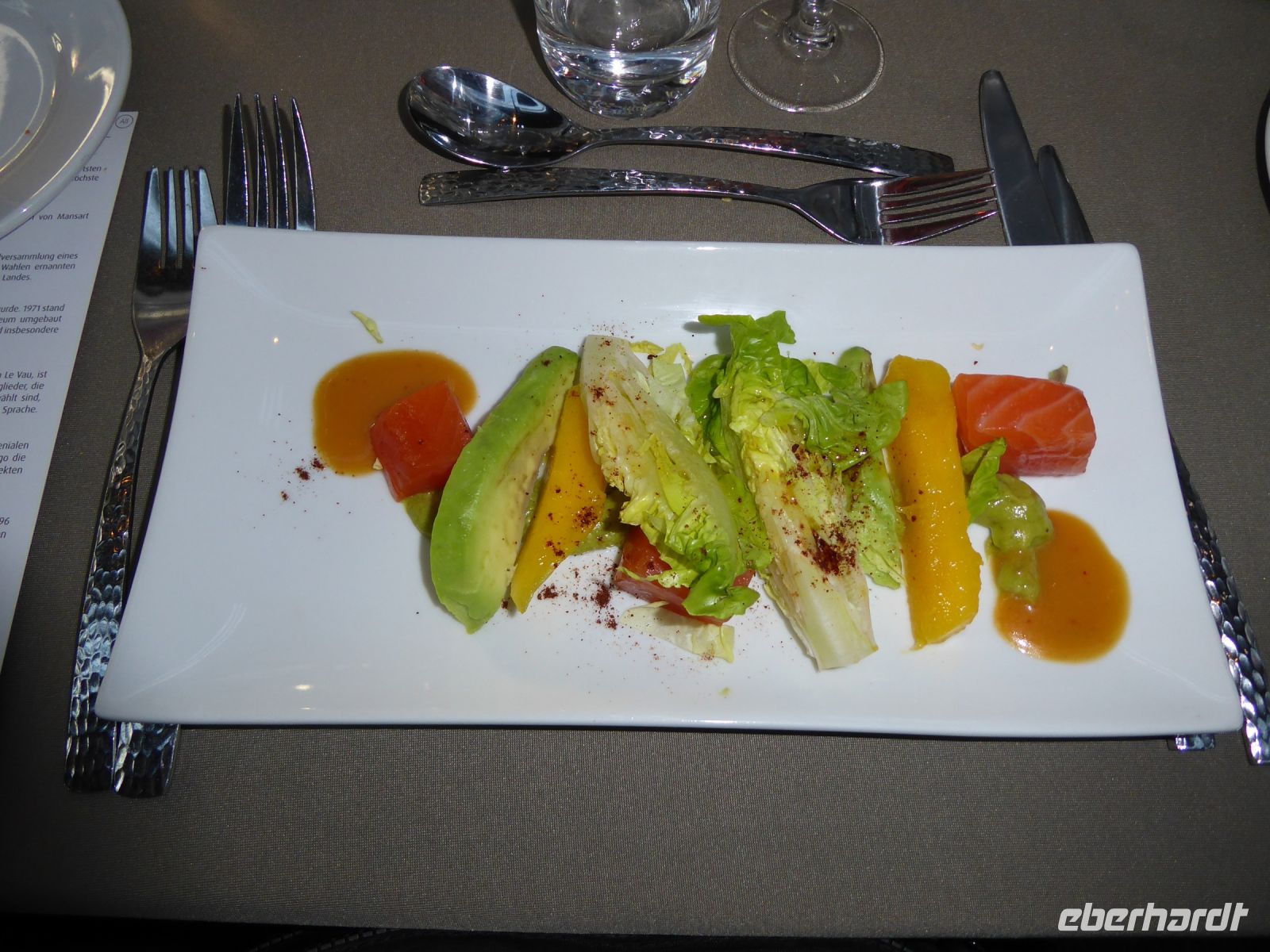 Paris Petit Tag 4 26.07.2022 Dinner Cruise, Lachs mit Mango und Salat