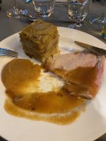 Abendessen: Schinken am Knochen sieben Stunden in Cidre Rance gekocht