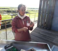 unsere nette Führerin durch die Zucht zeigt, wie man eine Auster geschickt öffnet.jpg