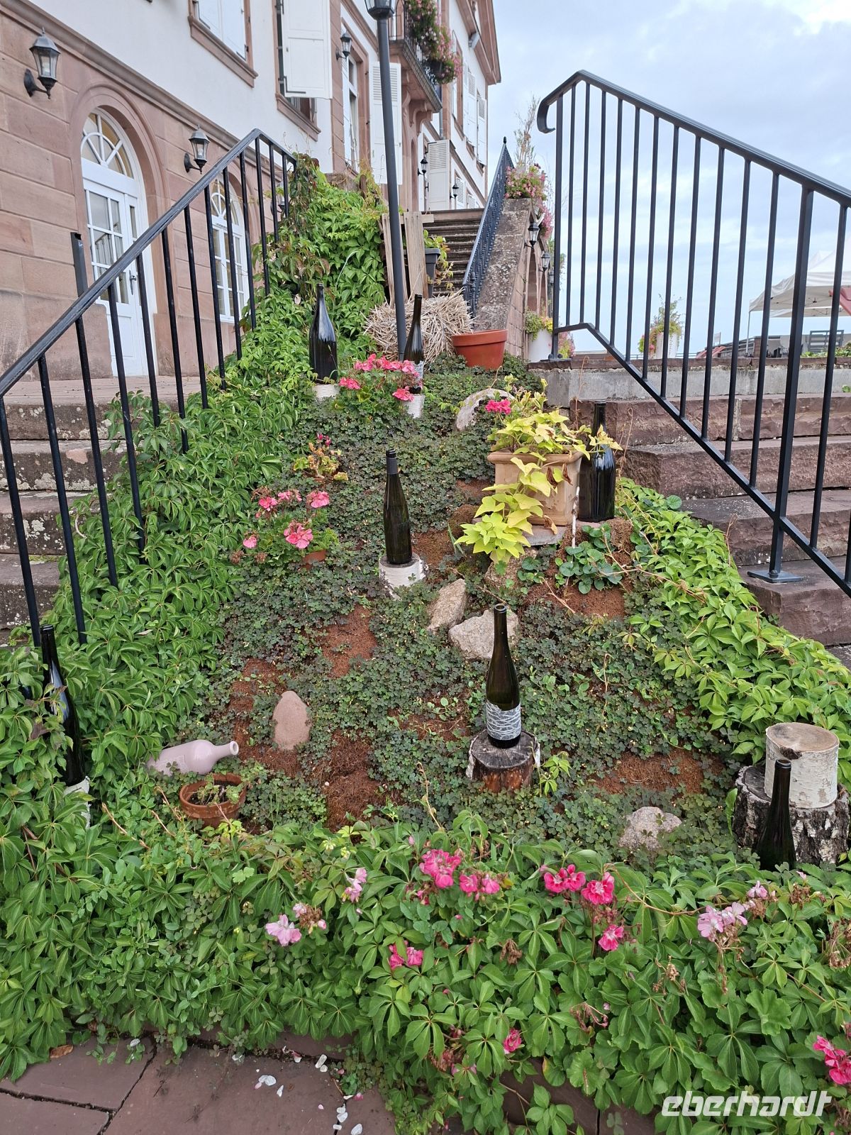 Saint-Hyppolyte - Weinflaschen zieren das Blumenbeet