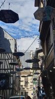 Straße mit Schirmen, auf denen Monetbilder sind