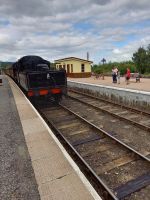 Zug der Strathspey railway erreicht Boat of Garten