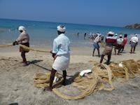 Indien, Kerala, Kovalem, Strand, Fischer bei der Arbeit