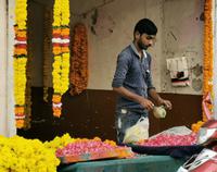 Die Blumenketten, die von den Hindus für ihre Gebete benötigt werden, Udaipur