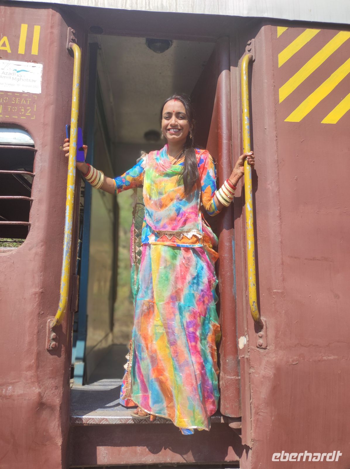 Eine Inderin im farbenfrohen Sari gehüllt auf der Zugfahrt durch das Umland von Jojowar, Rajesthan - Indien