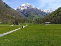 Ein Blick über Wiesen in eine noch schneebedeckte Bergwelt.