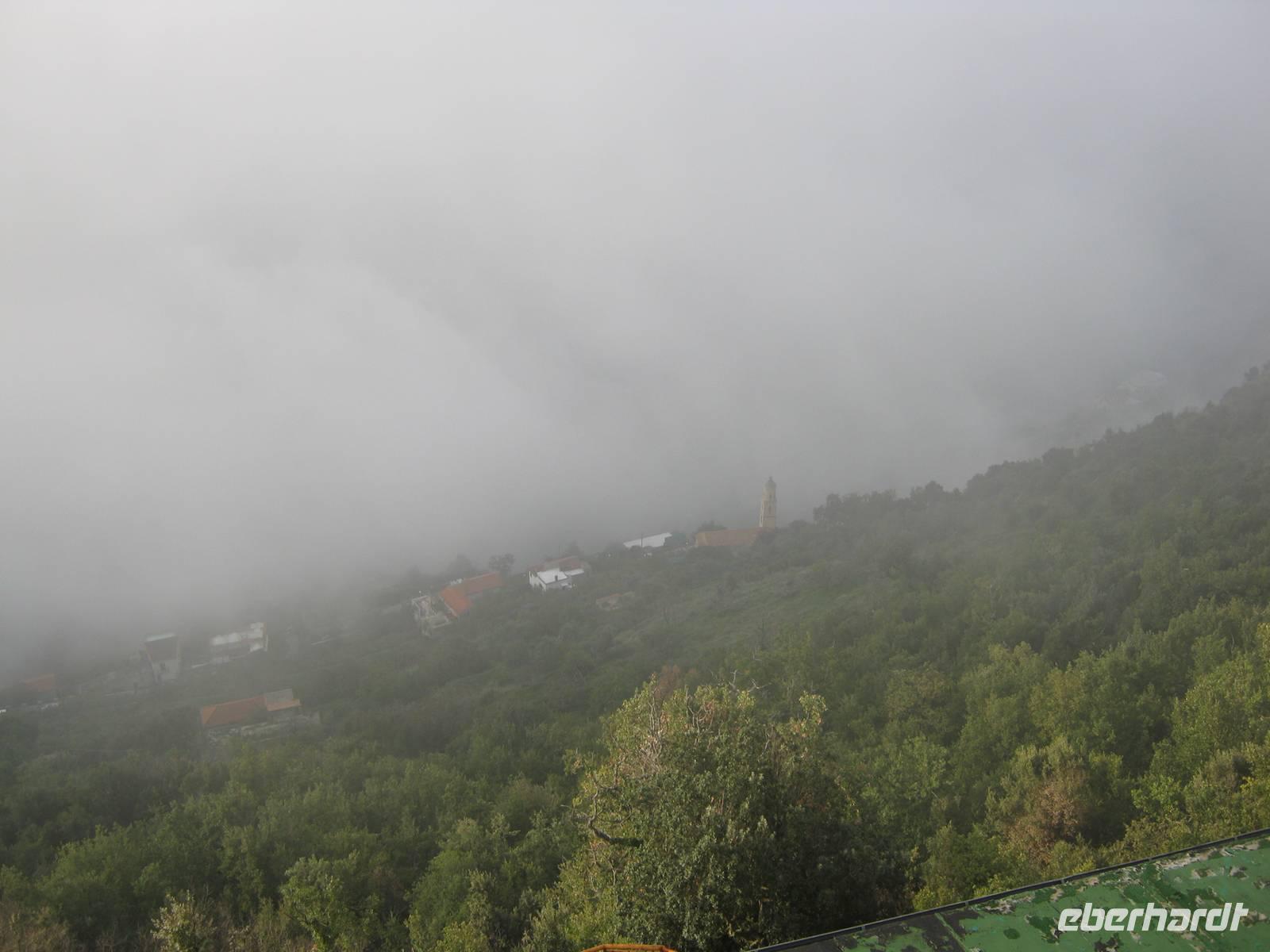 Blick von der Hotelterrasse auf die Küste im Nebel