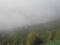 Blick von der Hotelterrasse auf die Küste im Nebel