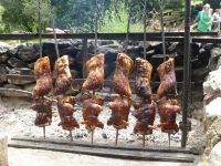 Szenenwechsel: Mittagessen im Freien. Die Spanferkel sind eine Spezialität auf Sardinien.