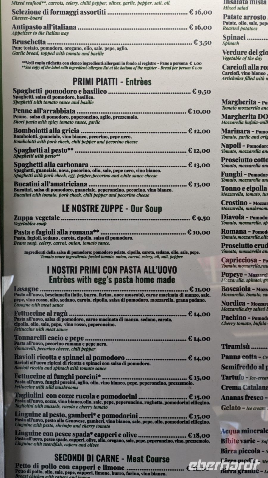 Speisekarte einer der vielen mediterranen Osterien  in Nähe des Hotel