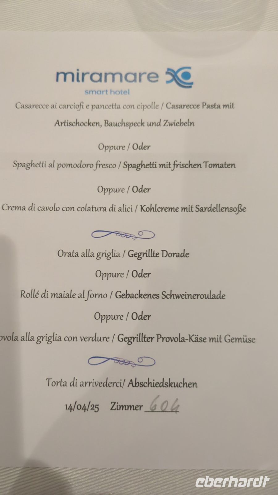 typische Abendkarte zur Vorauswahl