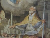 Bologna, das barocke Fresko an der Apsis zeigt San Petronio mit seiner Stadt Bologna. 