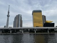 Tokyo Skytree und Gebäude der Asahi Brauerei am Sumida Fluss in Tokyo