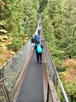 Wir trauen uns auf die Haengebruecke bei Capilano Suspension Bridge Park, Vancouver