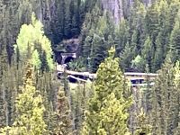 Rocky Mountaineer faehrt gerade in die Spiral Tunnels