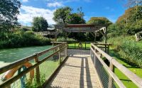 Brücke am Lemuren-Teich im Jersey Zoo