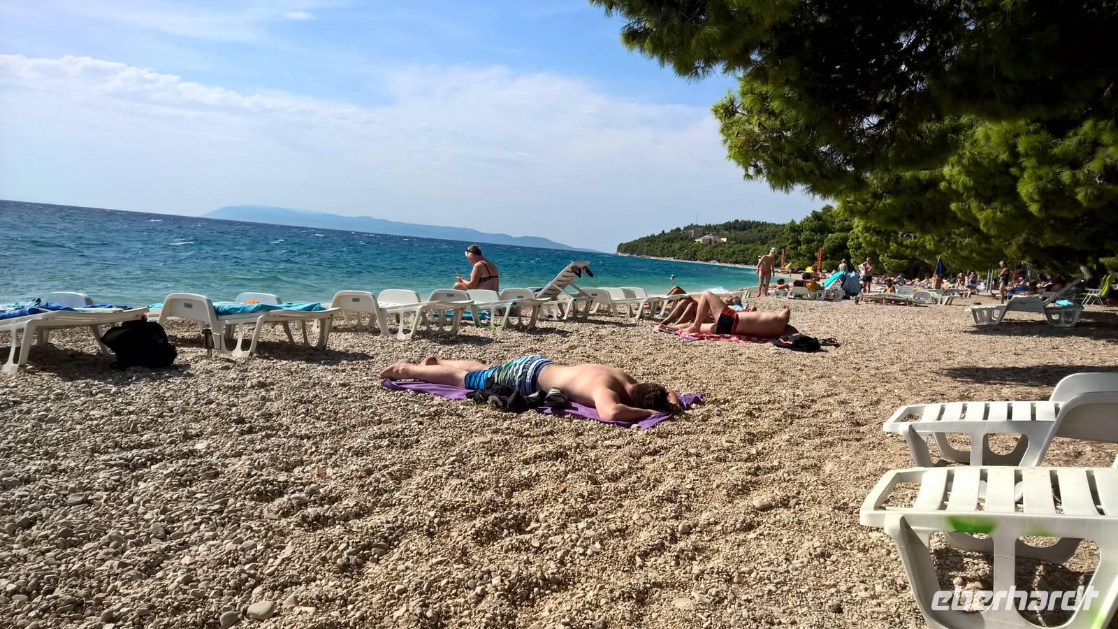 Der Kiesstrand mit seinen hübschen Pinien am azurblauen Meer