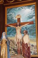 Kreuzigungsgruppe mit Kulisse, man beachte den eher genervten als leidenden Gesichtsausdruck des Gekreuzigten