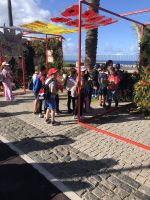 Kinder beim Schmücken der Blumenwand