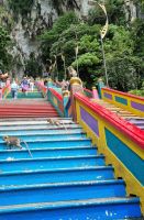 Kuala Lumpur - Batu Höhlen (Treppenaufgang gesäumt von Langschwanzmakaken-Affen)
