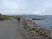 Island, Gleölvik, 34 Steineier an der Hafenmauer