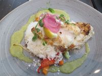 letztes gemeinsames Abendessen in Reykjavik: Seewolf auf Gemüse und Reis