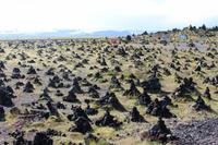 Lavafeld als Touristenattraktion mit kleinen Steinwarten