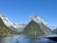 16. Reisetag – Vom Milford Sound nach Queenstown – Milford Sound am Morgen – Mitre Peak