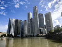 Singapurs Skyline vom Wasser aus gesehen, Boat Quay