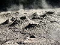 Dicker grauer Schlamm blubbert vor unseren Augen in Te Puia