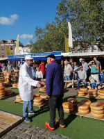 Käsehändler präsentieren riesige Käselaibe auf speziellen Tragbahren und machen Geschäfte per Handschlag