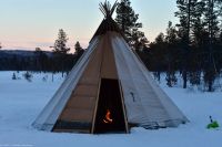 Hundeschlitten-Tour in Kurravaara (Kiruna) auf dem Torneälv - ein samisches Lavvu