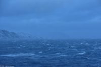 Orkan auf der Barentssee mit 47 m/s - das entspricht Windstärke 12 (bft) - oder 170 km/h Windgeschwindigkeit - Dank landseitigem Wind trotz der hohen Windstärke nur verhältnismäßig niedrige Wellen