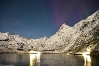 Seltenes lila Polarlicht im magischen Trollfjord (Lofoten)