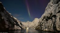 Seltenes lila Polarlicht im magischen Trollfjord (Lofoten)