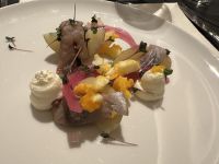 Vorspeise - Sami Laibi ein traditionelles samisches Brot mit mariniertem Hering, geschlagener saurer Sahne, gekochten Eiern und eingelegten Zwiebeln