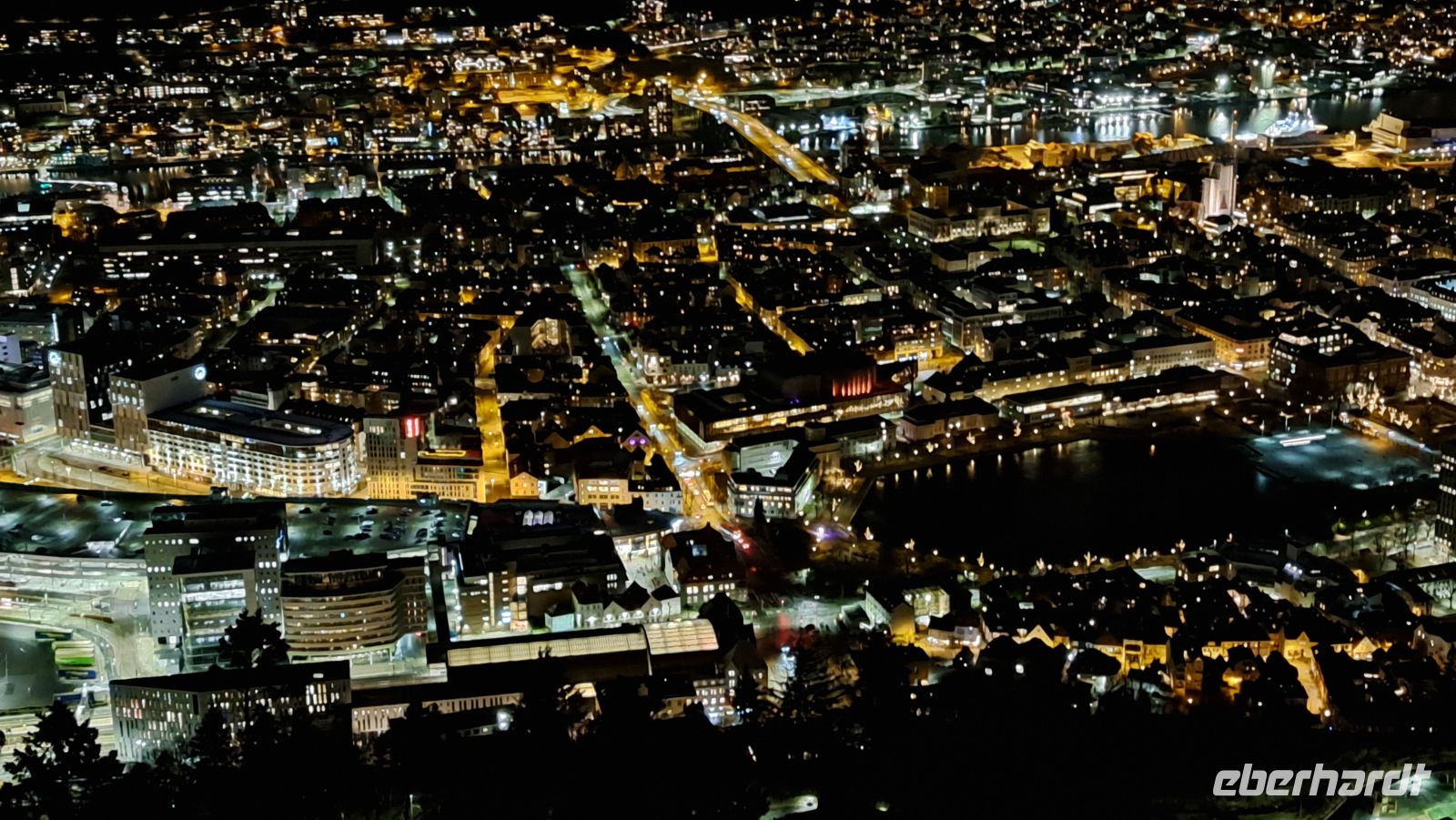 Hausberg Fløyen mit Grieghalle (Bildmitte)