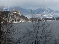 Die Burg von Bled thront über dem See. Im Hintergrund die Julischen Alpen.