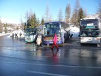 Vor unserem Bus warten unsere Gäste auf die Pferdeschlitten .... 