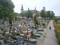 Blick über den Friedhof zur Abteikirche