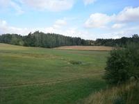 Weit hinten ein einzelnes Haus am Wald